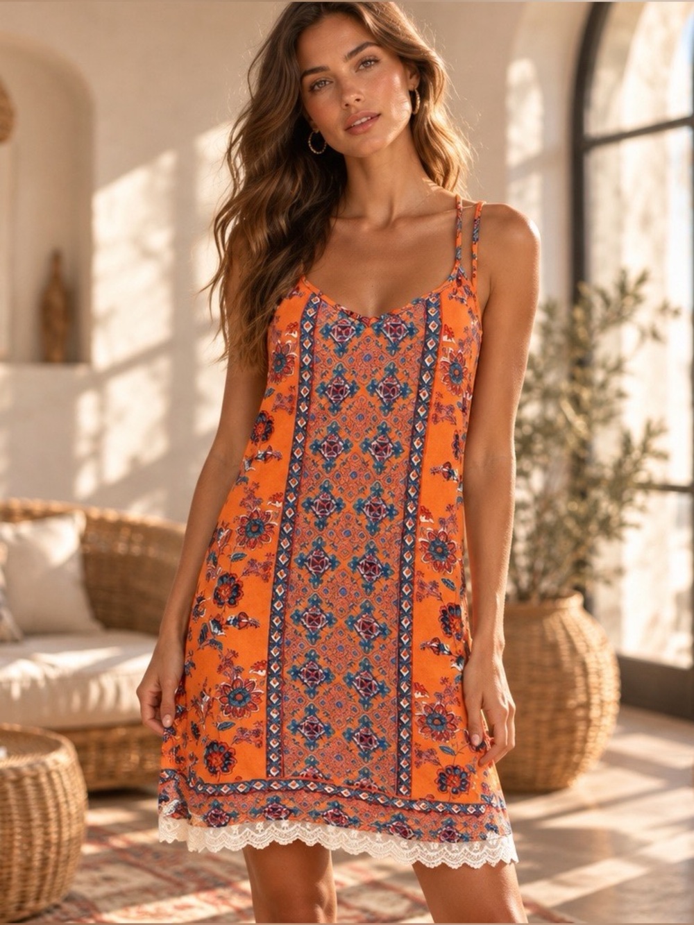 Angie Orange Boho Floral Lace Hem Halter Swing Dress Size Small